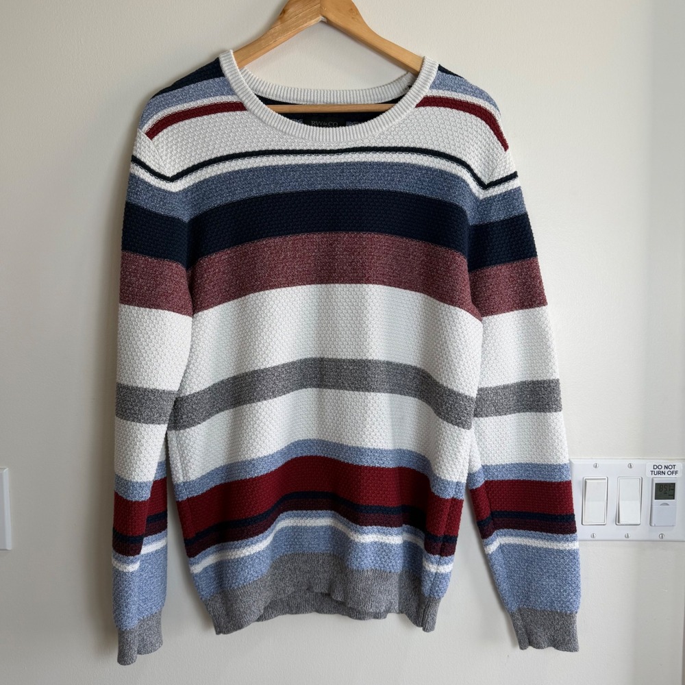 RW&CO Textured Popcorn Knit Striped Sweater Blue Burgundy Mens Large Nautical